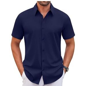 Mens shirt casual Fit Performance Short Sleeves Solid Button navy blue